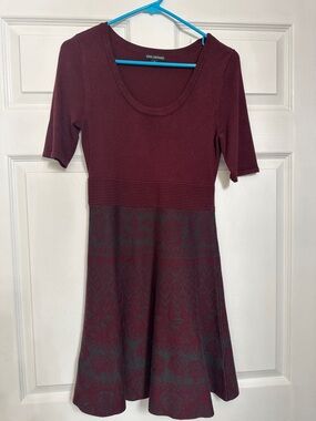 Nina Leonard Burgundy and Charcoal Knit Midi Dress
